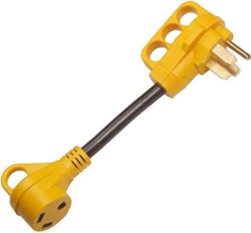 CAMPELIFY RV adapter with yellow connectors and a black cord with a 50-amp male plug and a 30-amp female receptacle